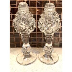 VTG Diamond Cut Glass Pedestal Salt Pepper Shakers Screw Cap Starburst Etched